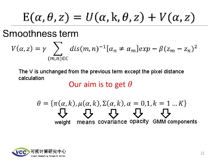  • The V is unchanged from the previous term except the pixel distance