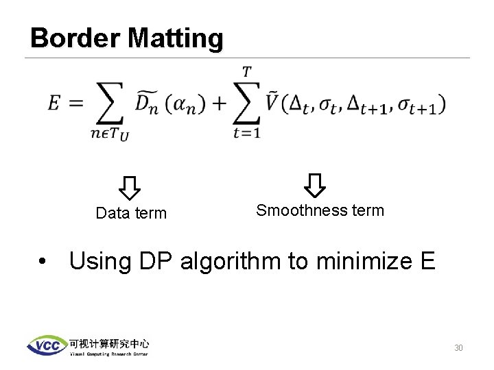 Border Matting • Data term Smoothness term • Using DP algorithm to minimize E