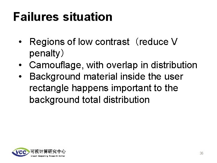 Failures situation • Regions of low contrast（reduce V penalty） • Camouflage, with overlap in