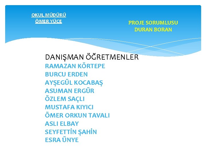 OKUL MÜDÜRÜ ÖMER YÜCE PROJE SORUMLUSU DURAN BORAN DANIŞMAN ÖĞRETMENLER RAMAZAN KÖRTEPE BURCU ERDEN