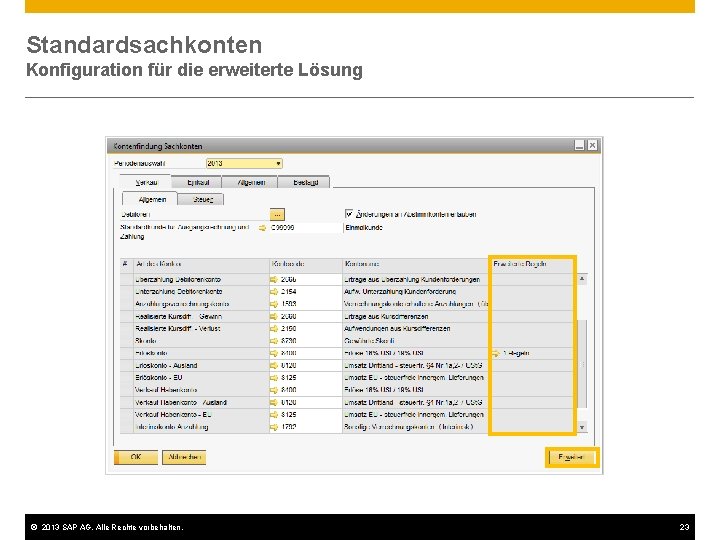 Standardsachkonten Konfiguration für die erweiterte Lösung © 2013 SAP AG. Alle Rechte vorbehalten. 23