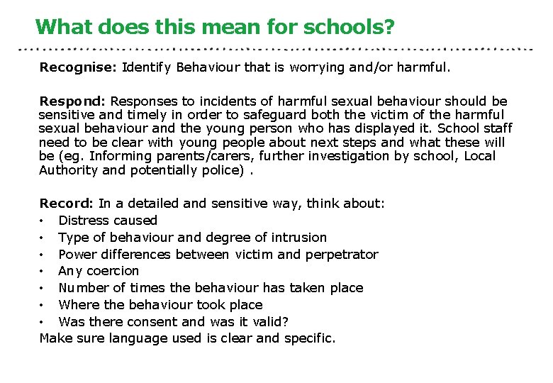 What does this mean for schools? Recognise: Identify Behaviour that is worrying and/or harmful.