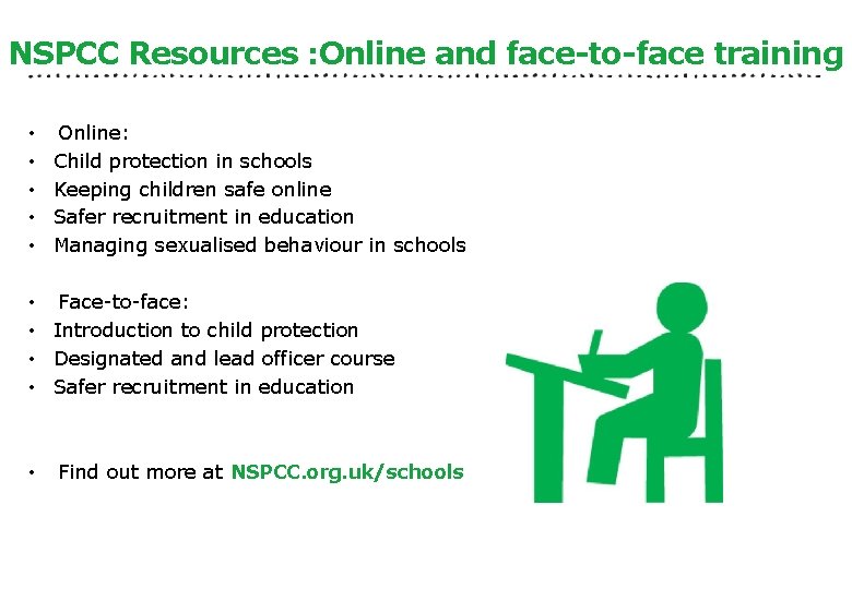 NSPCC Resources : Online and face-to-face training • • • Online: Child protection in