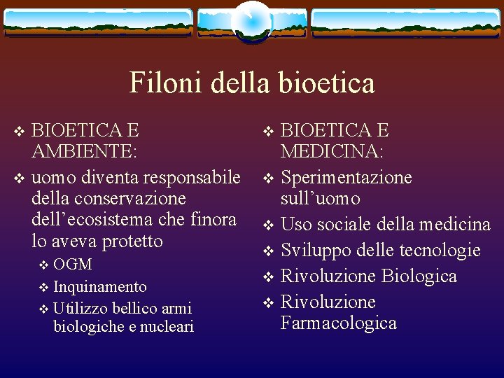 Filoni della bioetica BIOETICA E AMBIENTE: v uomo diventa responsabile della conservazione dell’ecosistema che