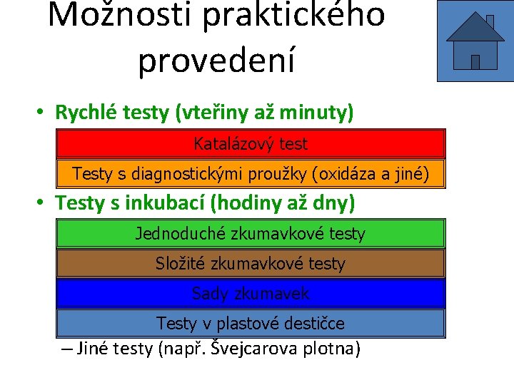 Možnosti praktického provedení • Rychlé testy (vteřiny až minuty) – Katalázový test –Testy s