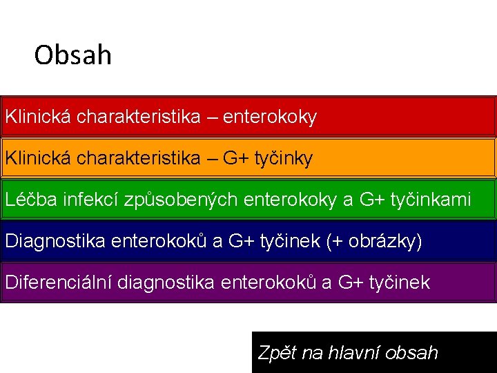 Obsah Klinická charakteristika – enterokoky Klinická charakteristika – G+ tyčinky Léčba infekcí způsobených enterokoky