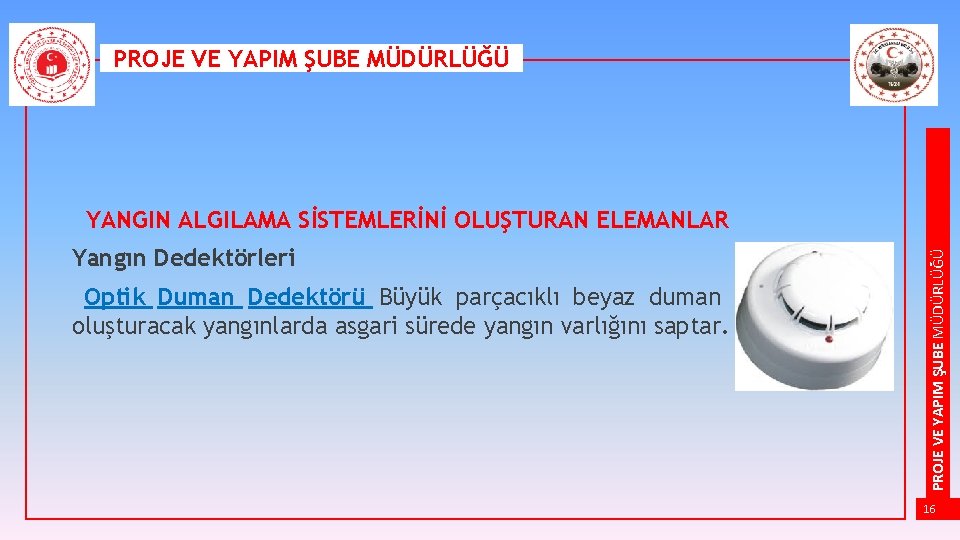 PROJE VE YAPIM ŞUBE MÜDÜRLÜĞÜ Yangın Dedektörleri Optik Duman Dedektörü Büyük parçacıklı beyaz duman