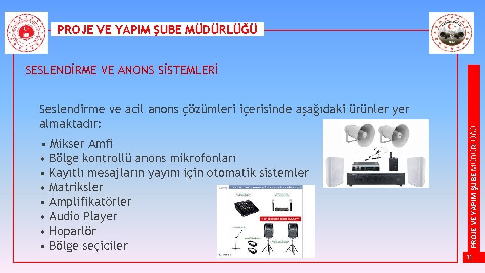 PROJE VE YAPIM ŞUBE MÜDÜRLÜĞÜ Seslendirme ve acil anons çözümleri içerisinde aşağıdaki ürünler yer