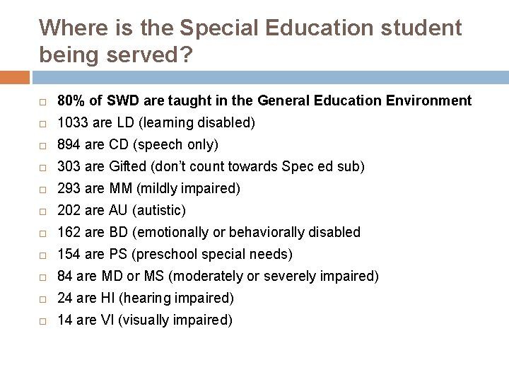Where is the Special Education student being served? 80% of SWD are taught in
