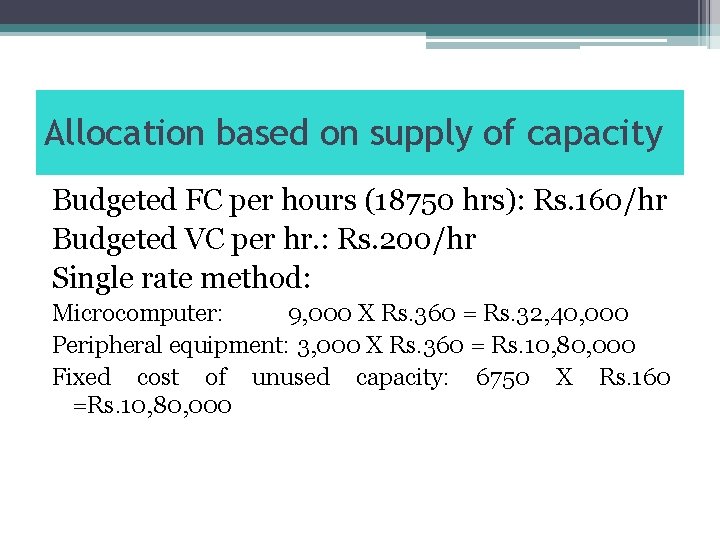 Allocation based on supply of capacity Budgeted FC per hours (18750 hrs): Rs. 160/hr