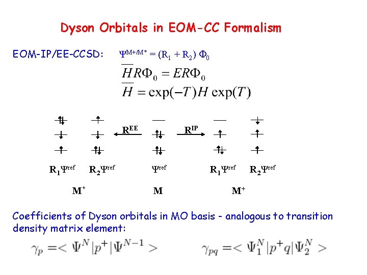 Dyson Orbitals in EOM-CC Formalism EOM-IP/EE-CCSD: ΨM+/M* = (R 1 + R 2) F Dyson Orbitals in EOM-CC Formalism EOM-IP/EE-CCSD: ΨM+/M* = (R 1 + R 2) F