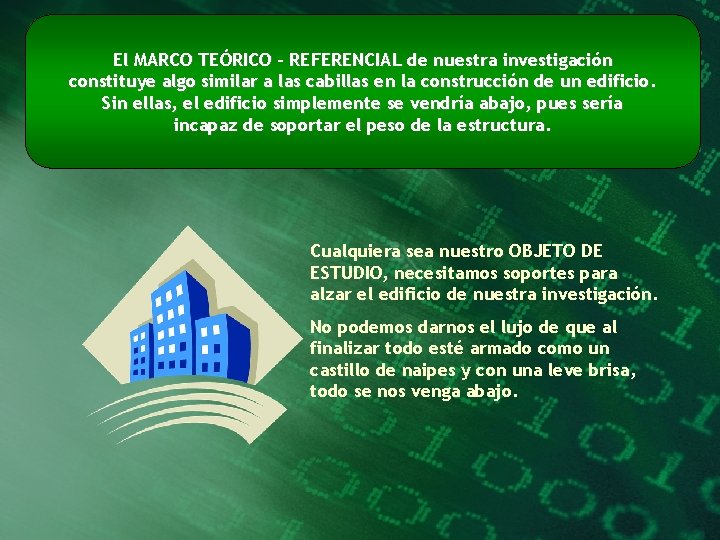 El MARCO TEÓRICO – REFERENCIAL de nuestra investigación constituye algo similar a las cabillas