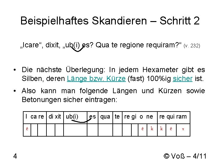 Beispielhaftes Skandieren – Schritt 2 „Icare“, dixit, „ub(i) es? Qua te regione requiram? “