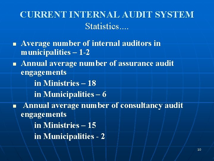 CURRENT INTERNAL AUDIT SYSTEM Statistics. . n n n Average number of internal auditors