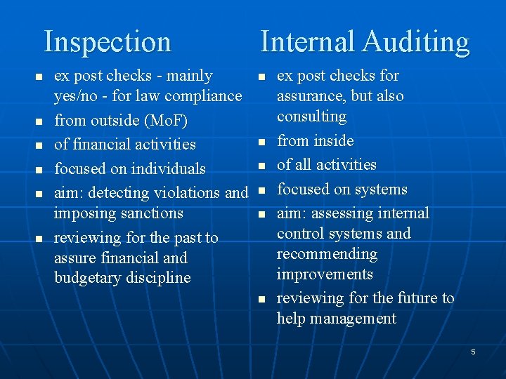 Inspection n n n ex post checks - mainly yes/no - for law compliance