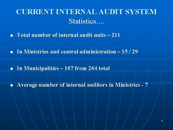 CURRENT INTERNAL AUDIT SYSTEM Statistics. . n Total number of internal audit units –