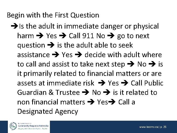 Begin with the First Question Is the adult in immediate danger or physical harm