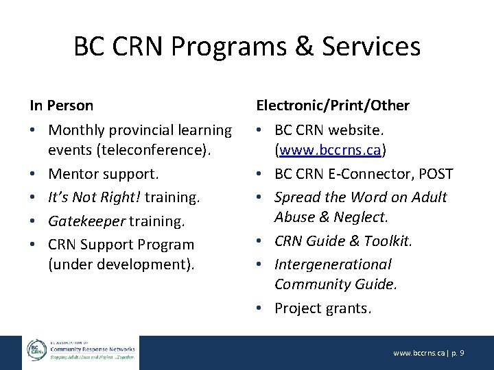 BC CRN Programs & Services In Person Electronic/Print/Other • Monthly provincial learning events (teleconference).