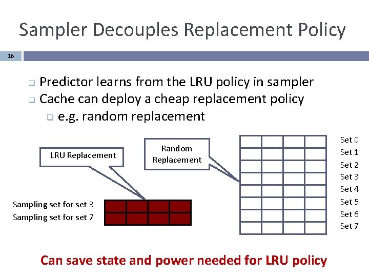Sampler Decouples Replacement Policy 16 Predictor learns from the LRU policy in sampler q