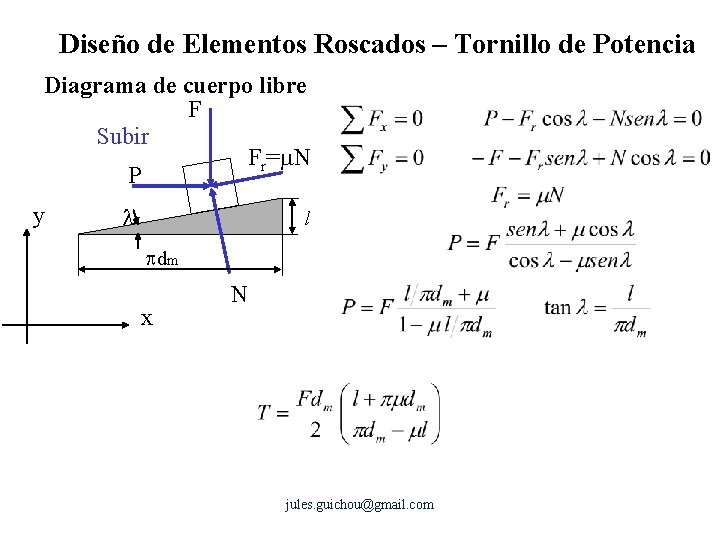 Diseño de Elementos Roscados – Tornillo de Potencia Diagrama de cuerpo libre F Subir