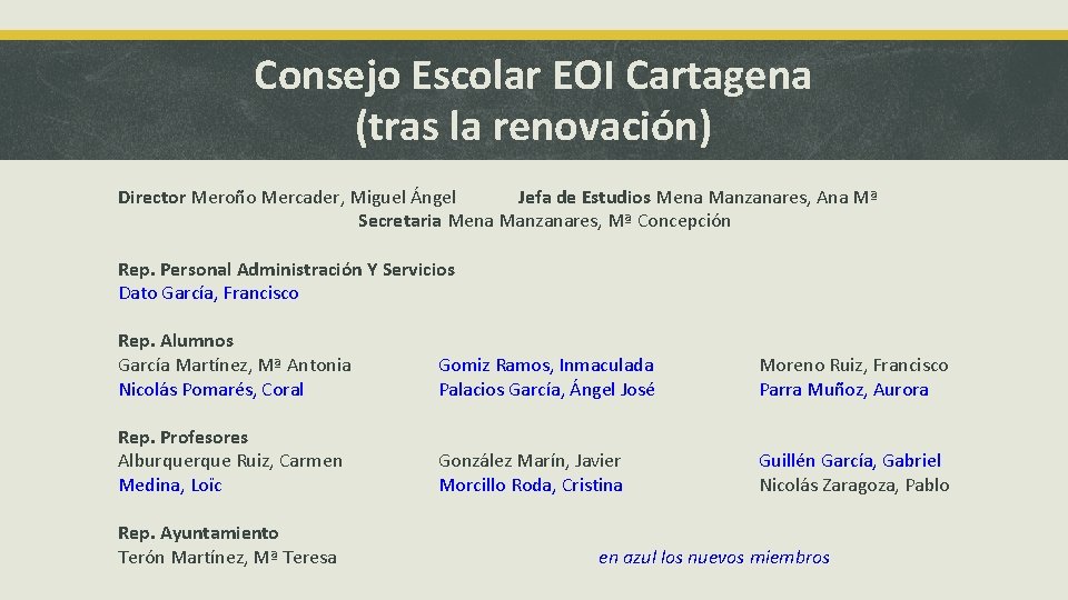 Consejo Escolar EOI Cartagena (tras la renovación) Director Meroño Mercader, Miguel Ángel Jefa de