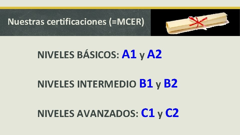 Nuestras certificaciones (=MCER) NIVELES BÁSICOS: A 1 y A 2 NIVELES INTERMEDIO B 1