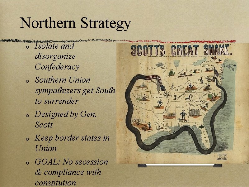 Northern Strategy Isolate and disorganize Confederacy Southern Union sympathizers get South to surrender Designed