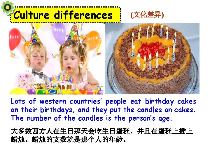 Culture differences (文化差异) Lots of western countries’ people eat birthday cakes on their birthdays,