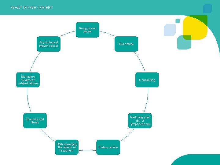 WHAT DO WE COVER? Being breast aware Psychological impact cancer Bra advice Managing treatment
