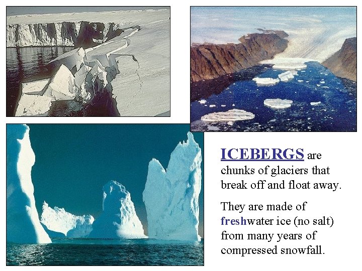 ICEBERGS are chunks of glaciers that break off and float away. They are made