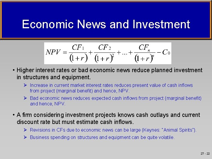 Economic News and Investment • Higher interest rates or bad economic news reduce planned