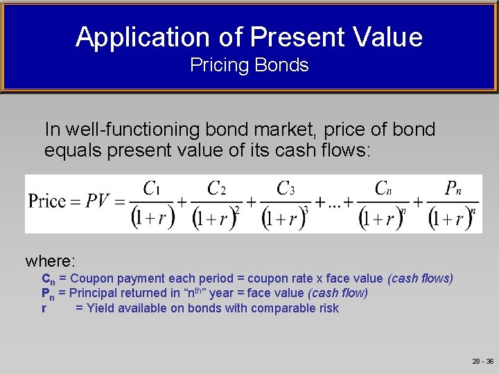 Application of Present Value Pricing Bonds In well-functioning bond market, price of bond equals