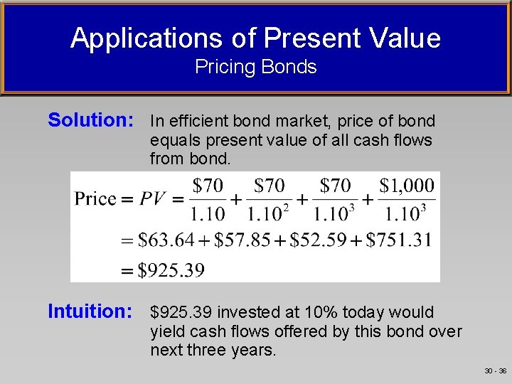 Applications of Present Value Pricing Bonds Solution: In efficient bond market, price of bond