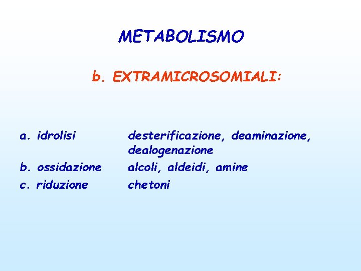 METABOLISMO b. EXTRAMICROSOMIALI: a. idrolisi b. ossidazione c. riduzione desterificazione, deaminazione, dealogenazione alcoli, aldeidi,