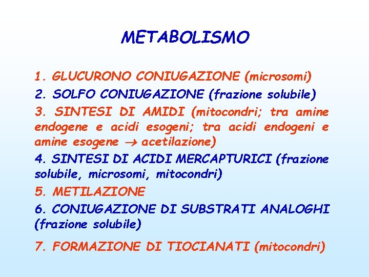METABOLISMO 1. GLUCURONO CONIUGAZIONE (microsomi) 2. SOLFO CONIUGAZIONE (frazione solubile) 3. SINTESI DI AMIDI