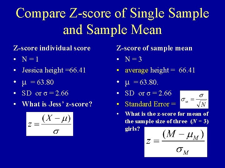 Compare Z-score of Single Sample and Sample Mean Z-score individual score Z-score of sample Compare Z-score of Single Sample and Sample Mean Z-score individual score Z-score of sample