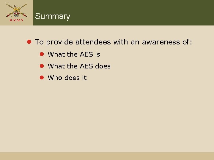 Summary l To provide attendees with an awareness of: l What the AES is