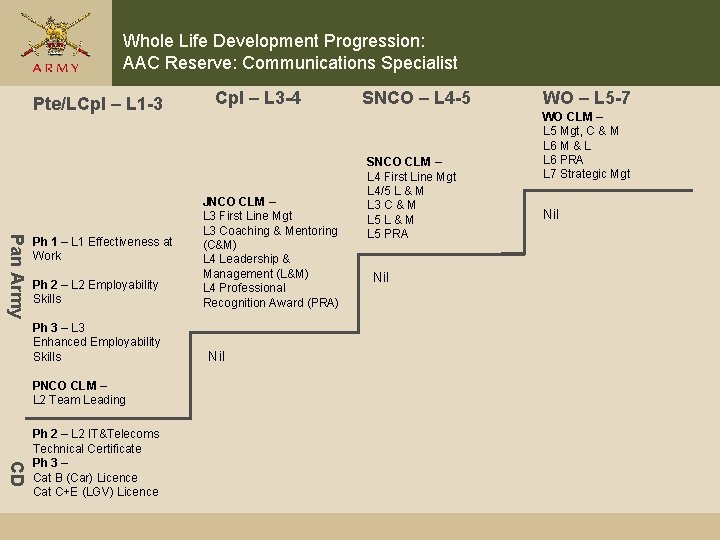 Whole Life Development Progression: AAC Reserve: Communications Specialist Pte/LCpl – L 1 -3 Pan