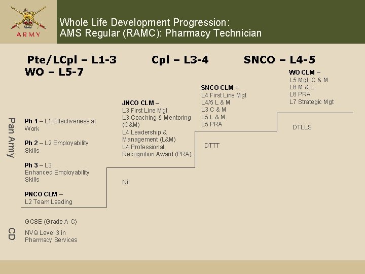 Whole Life Development Progression: AMS Regular (RAMC): Pharmacy Technician Pte/LCpl – L 1 -3