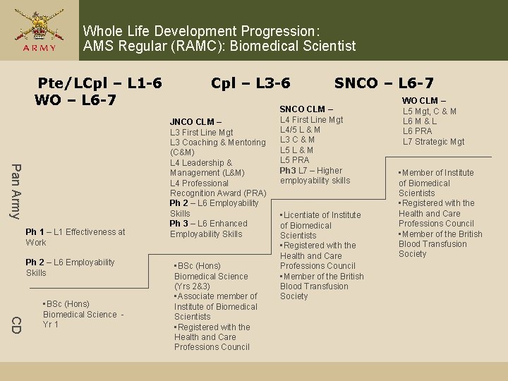 Whole Life Development Progression: AMS Regular (RAMC): Biomedical Scientist Pte/LCpl – L 1 -6