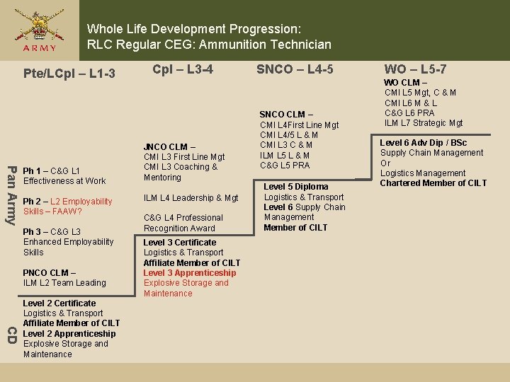 Whole Life Development Progression: RLC Regular CEG: Ammunition Technician Pte/LCpl – L 1 -3