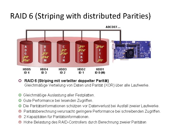 RAID 6 (Striping with distributed Parities) ABCDEF… A D G „P 4“ „P 5