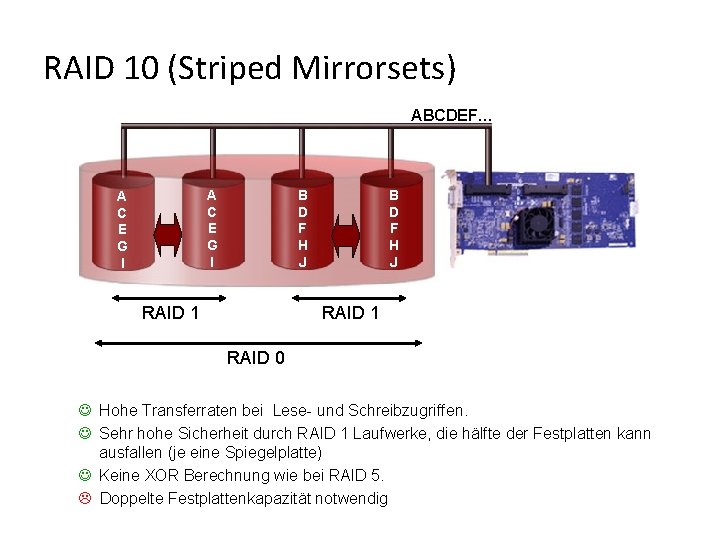 RAID 10 (Striped Mirrorsets) ABCDEF… A C E G I B D F H