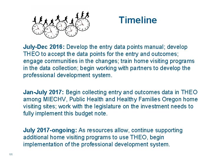 Timeline July-Dec 2016: Develop the entry data points manual; develop THEO to accept the