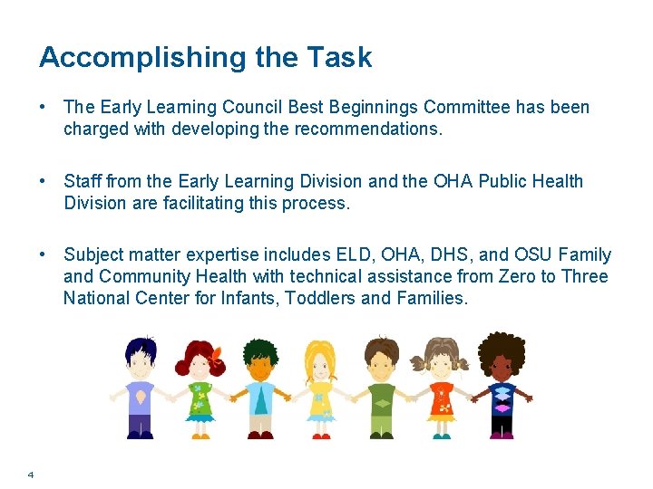 Accomplishing the Task • The Early Learning Council Best Beginnings Committee has been charged