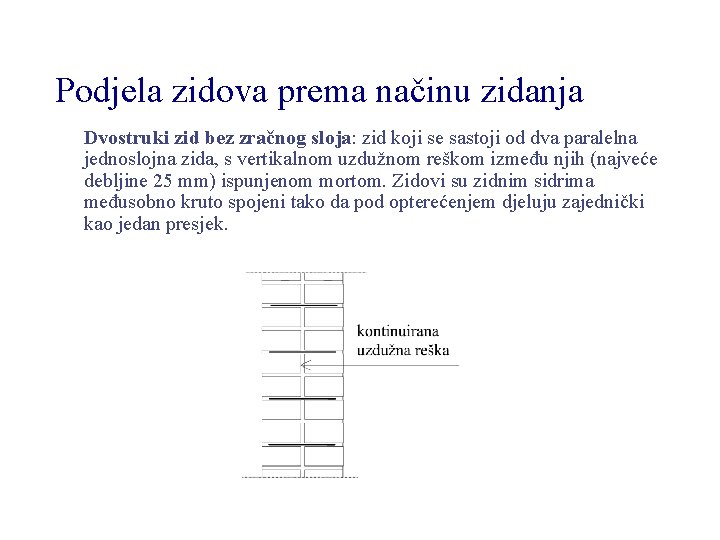 Podjela zidova prema načinu zidanja Dvostruki zid bez zračnog sloja: zid koji se sastoji