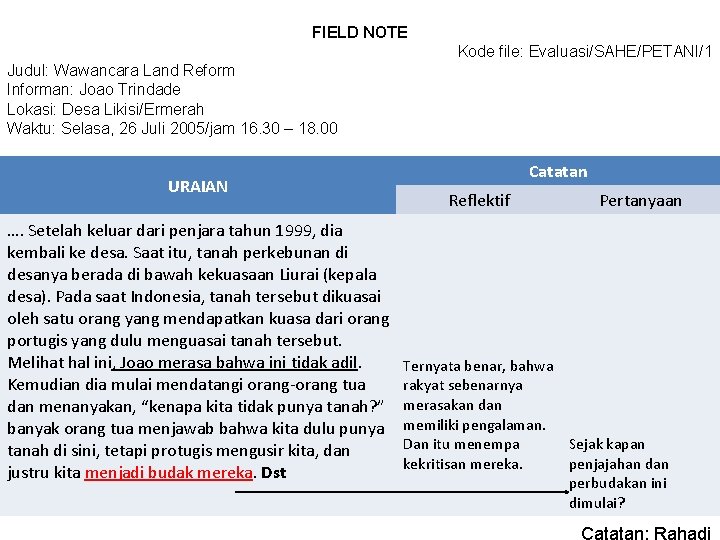 FIELD NOTE Kode file: Evaluasi/SAHE/PETANI/1 Judul: Wawancara Land Reform Informan: Joao Trindade Lokasi: Desa