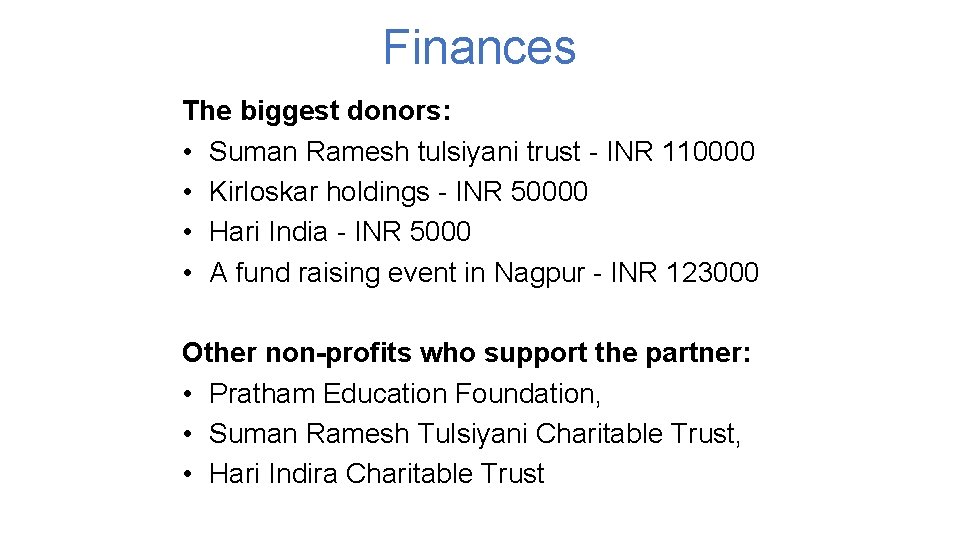 Finances The biggest donors: • Suman Ramesh tulsiyani trust - INR 110000 • Kirloskar