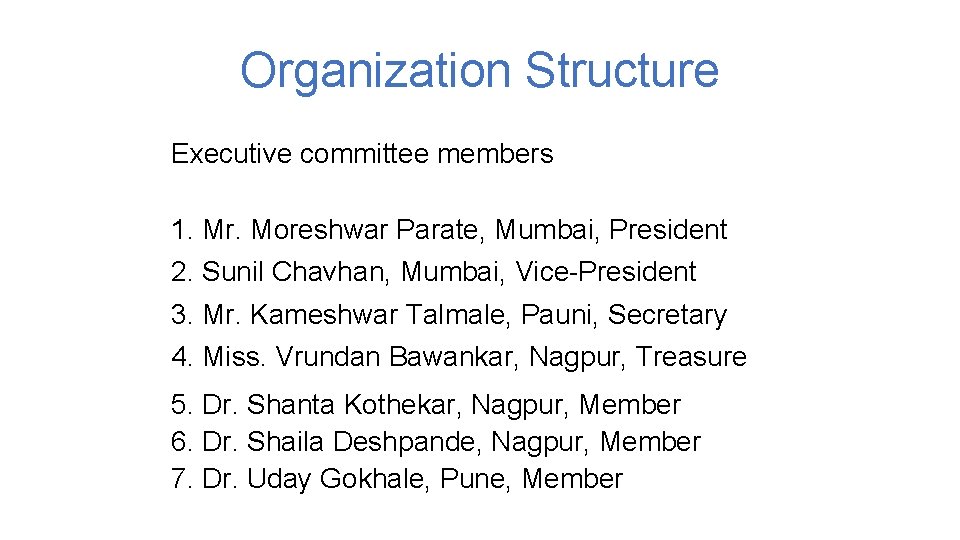 Organization Structure Executive committee members 1. Mr. Moreshwar Parate, Mumbai, President 2. Sunil Chavhan,