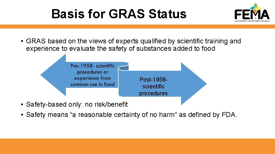 Basis for GRAS Status • GRAS based on the views of experts qualified by